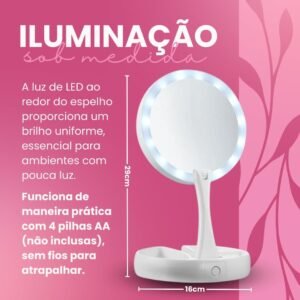 Espelho de Maquiagem e Barbear Retrátil com Luz LED